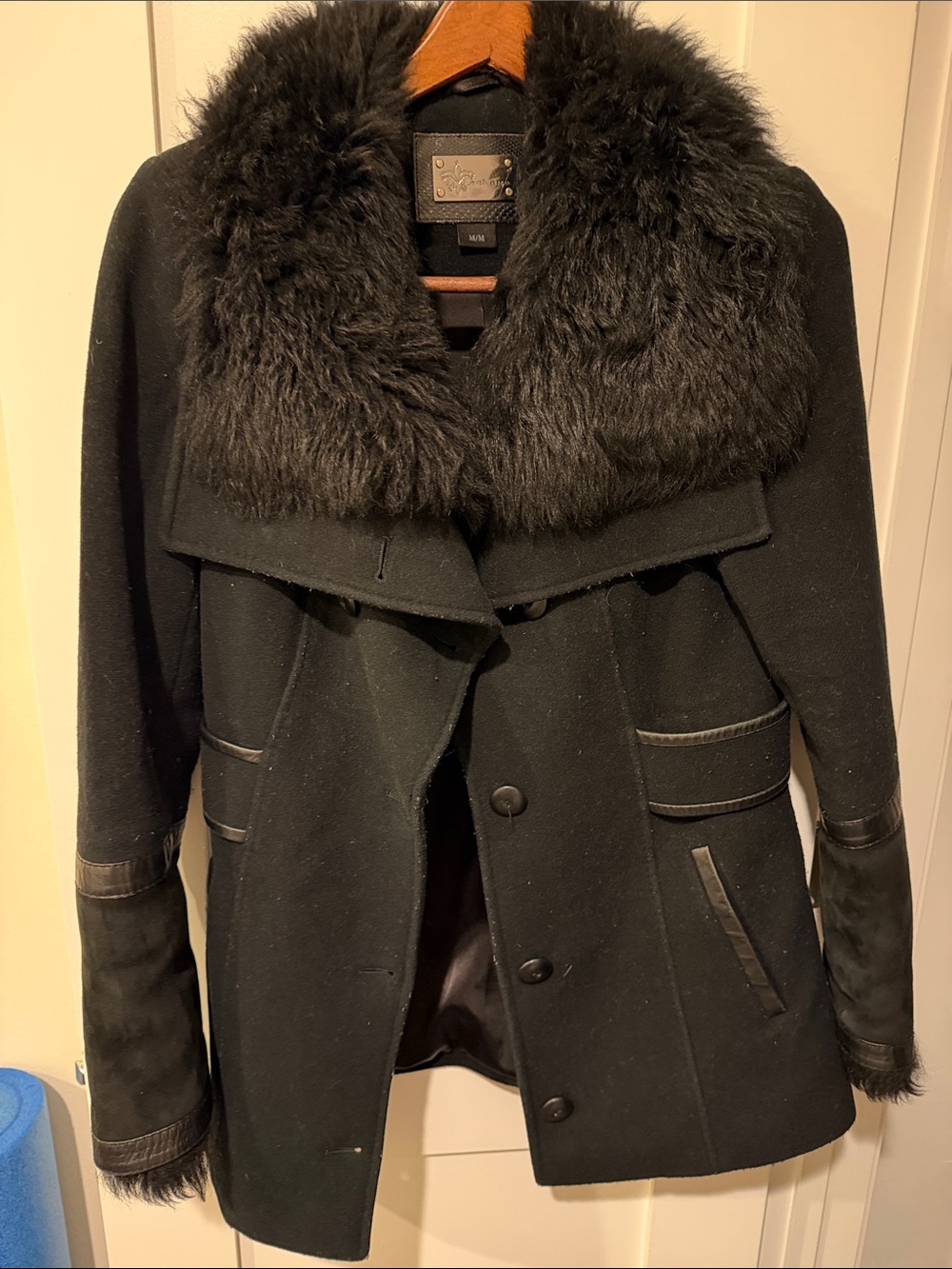 Mackage Black Wool Pea Coat with Fur-Trim Collar